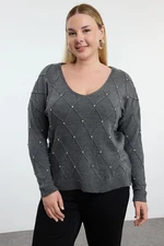 Trendyol Curve Anthracite Stone Embroidered Knitwear Sweater