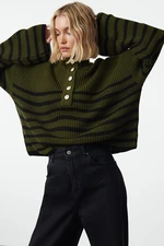 Trendyol Khaki Wide Neck Striped Knitwear Sweater