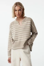 Trendyol Beige Wide Neck Detailed Striped Knitwear Sweater