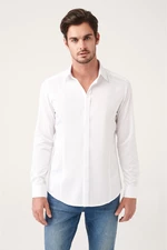 Pánska biela košeľa Avva zo 100% bavlny, saténová, so skrytým vreckom, úzky strih