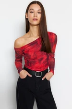 Trendyol Red Tulle Lined Asymmetric Collar Knitted Blouse