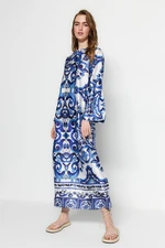 Trendyol Ethnic Patterned Evening Dress With Blue Satin Surface