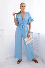 Jumpsuit with a tie at the waist with decorative sleeves in blue