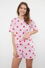 Trendyol Pink-Multicolored 100% Cotton Star Patterned T-shirt-Shorts Knitted Pajama Set