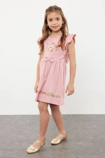 Trendyol Pink Girl's Floral Embroidered Ruffle Short Sleeve Knitted Dress