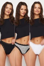 Trendyol Black-White-Leopard 3-Pack Cotton Lace Detailed Thong Knitted Panties