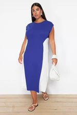 Trendyol Curve Saks -Ecru Color Blocked Midi Crepe Knitted Plus Size Dress