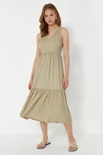 Trendyol Khaki Elastic Skater/Waist Opening V-Neck Sleeveless Wrap/Textured Stretchy Knitted Midi Dress