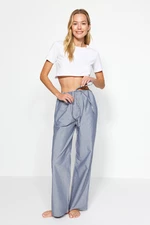 Trendyol Premium Blue Striped Lacing Detailed Viscose Wide Fit Woven Pajama Bottoms