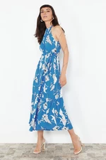 Trendyol Indigo Animal Shift Barbell Neck Maxi Lined Woven Dress