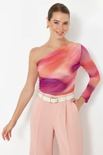 Trendyol Pink Abstract Patterned Single Sleeve Gathered/Draped Detail Regular/Real Knitted Blouse