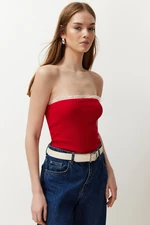 Trendyol Red Ribbed Strapless Collar Woven Garnish Fitted Cotton Crop Knitted Blouse