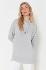 Trendyol Gray Hooded Knitted Sweatshirt with Label Detail on the Front