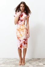 Trendyol Multi-Color Printed Fitted/Fitted Short Sleeve Stand Collar Stretchy Knitted Midi Dress