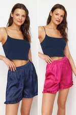 Trendyol Navy Blue-Pink 2 Pack Ruffle Detailed Satin Woven Pajama Bottoms