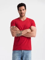 Ombre Men's BASIC classic cotton T-shirt with a v-neck - red