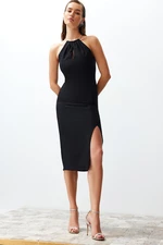 Trendyol Black Fitted Evening Dress with Woven Accessories
