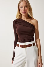 Happiness İstanbul Women's Brown One-Shoulder Gathered Detailed Knitted Blouse