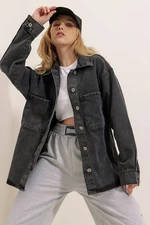 Trend Alaçatı Stili Damska antracytowa kurtka jeansowa oversize z podwójną kieszenią