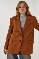 Happiness İstanbul Women's Tan Premium Suede Blazer Jacket