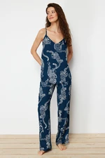 Trendyol Blue Animal Patterned Rope Strap Viscose Woven Pajama Set