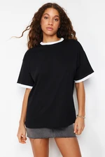 Trendyol Black 100% Cotton Contrast Collar and Stripe Detailed Oversize/Relaxed Cut Knitted T-Shirt