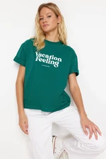 Trendyol Emerald Green Printed Premium 100% Cotton Relaxed/Comfortable Fit Knitted T-Shirt