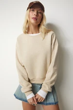 Happiness İstanbul Women's Beige Raised Crop Sweatshirt