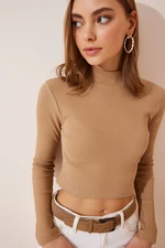 Happiness İstanbul Women's Biscuit Ribbed Turtleneck Crop Knitted Blouse