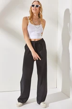 Olalook Women's Black Elastic Waist and Lace Palazzo Linen Pants