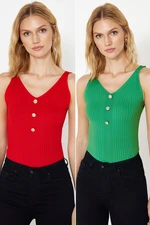 Trendyol Green-Red Double Pack V-Neck Top Knitwear Thin Blouse