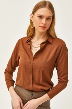 Olalook Women's Leopard Brown Jacquard Satin Detailed Woven Shirt