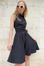 Trend Alaçatı Stili Women's Black Flared Dress with Smocking Detail and Belt