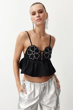 Trendyol Black Crop Woven Floral Embroidered Blouse