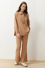 Trendyol Beige Oversize Polo Collar Gold Button Detailed Knitted Top-Bottom Set