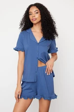 Trendyol Indigo 100% Cotton Ruffle Detailed Knitted Pajama Set