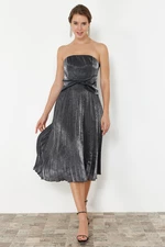 Trendyol Anthracite A-Cut Pleated Shiny Stylish Evening Dress