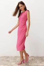 Trendyol Pink Straight Cut Gather Detailed Midi Woven Dress