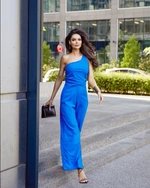 Elegant one-shoulder overall with wide legs, cornflower blue