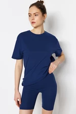 Trendyol Navy Blue 100% Cotton T-shirt-Biker/Short Leggings Knitted Pajama Set