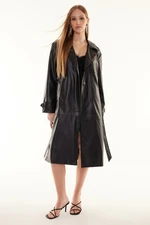 Trendyol Black Belted Faux Leather Trench Coat