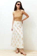 Trendyol Ecru Floral Pattern A-Line Midi Length Woven Linen Blended Skirt