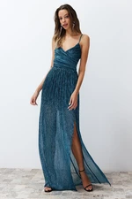 Trendyol Petrol A-Cut Shiny Long Evening Dress