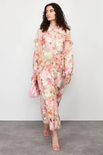 Trendyol Pink Floral Ruffle Detailed Lined Woven Chiffon Dress