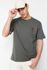 Trendyol Gray Relaxed/Casual Fit Horse/Animal Embroidered Short Sleeve 100% Cotton T-Shirt