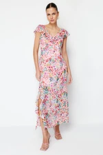 Trendyol Pink Floral Ruffle Chiffon Lined Maxi Woven Dress