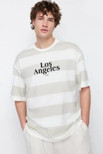 Trendyol Stone Oversize Striped City Printed 100% Cotton T-Shirt