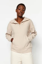 Trendyol Beige Thessaloniki/Knitwear Look Zippered Relaxed/Comfortable Fit Knitted Sweatshirt