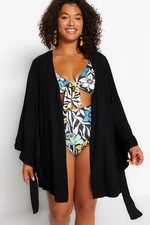 Trendyol Curve Black Frilled Sleeve Flounce Viscose Beach Wear Woven Plus Size Kimono&Caftan