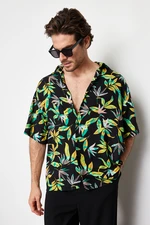 Trendyol Black Oversize Fit Leaf Printed 100% Viscose Short Sleeve Flowy Summer Shirt